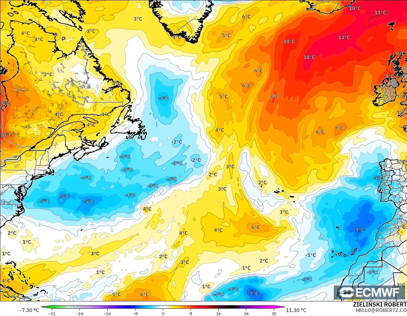 ECMWF IFS 0.25° modelo - Norte Atlántico, Anomalía de temperatura a 850 hPa