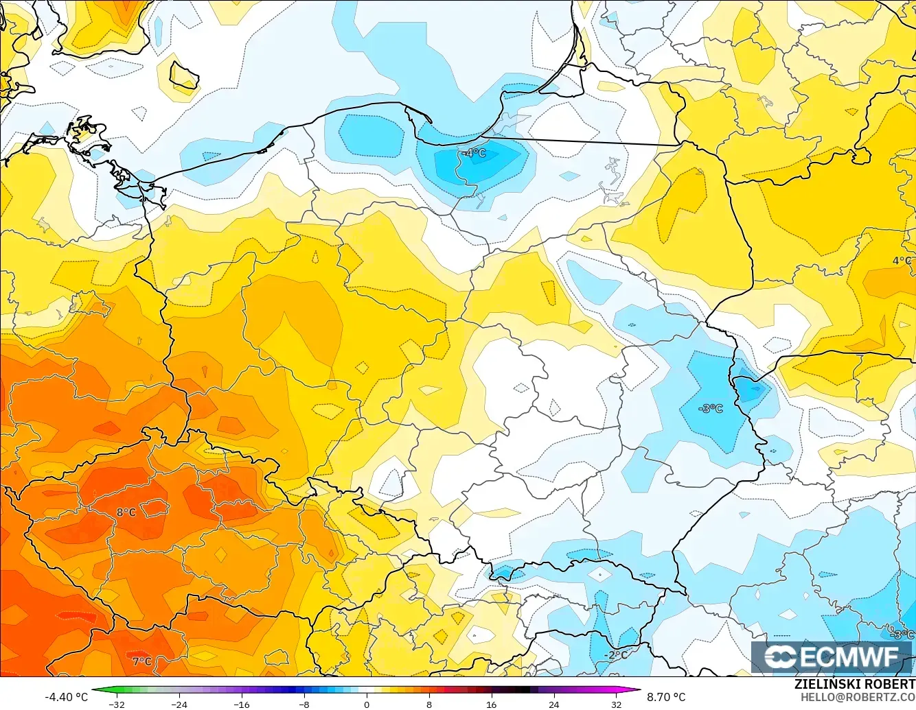 ECMWF IFS 0.25° modelo - Polonia, Anomalía de temperatura a 2 m