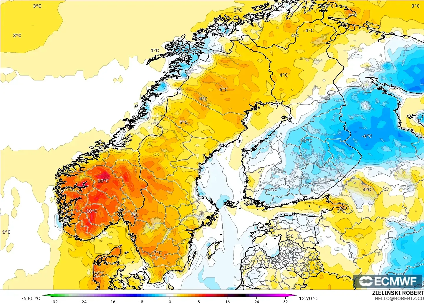 ECMWF IFS 0.25° modelo - Escandinavia, Anomalía de temperatura a 2 m