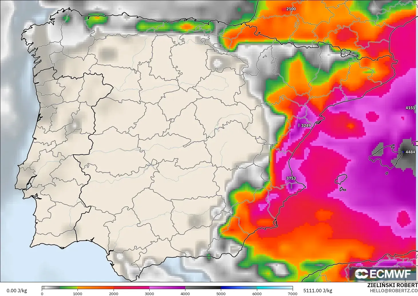 ECMWF IFS 0.25° modelo - España, CAPE