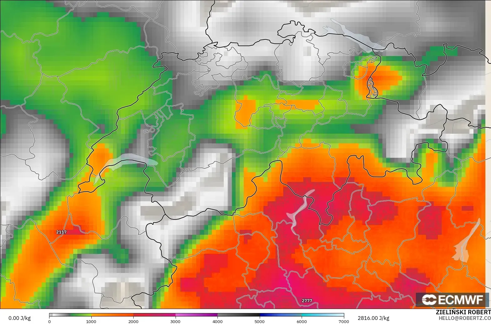 ECMWF IFS 0.25° modelo - Suiza, CAPE