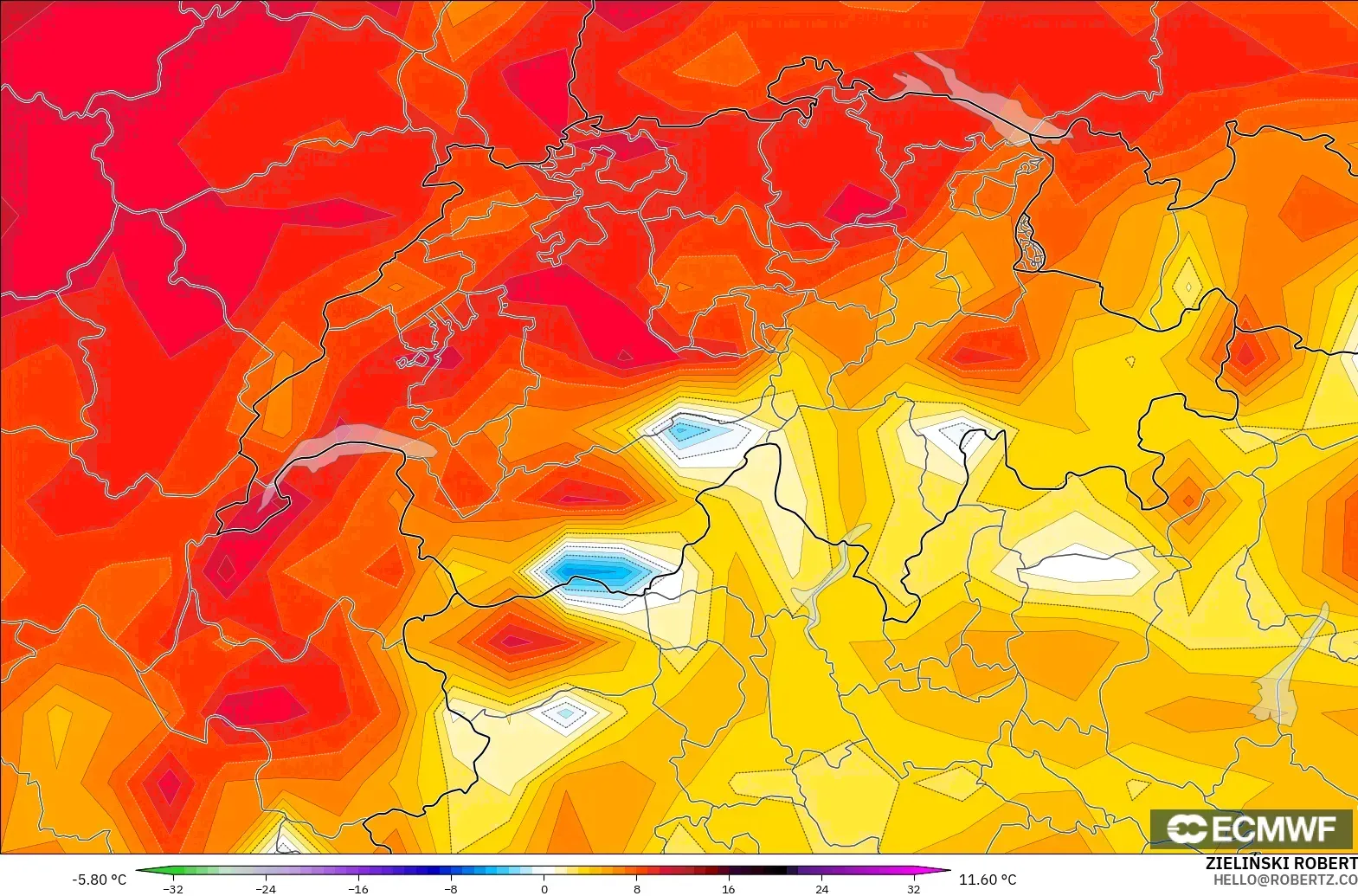 ECMWF IFS 0.25° modelo - Suiza, Anomalía de temperatura a 2 m