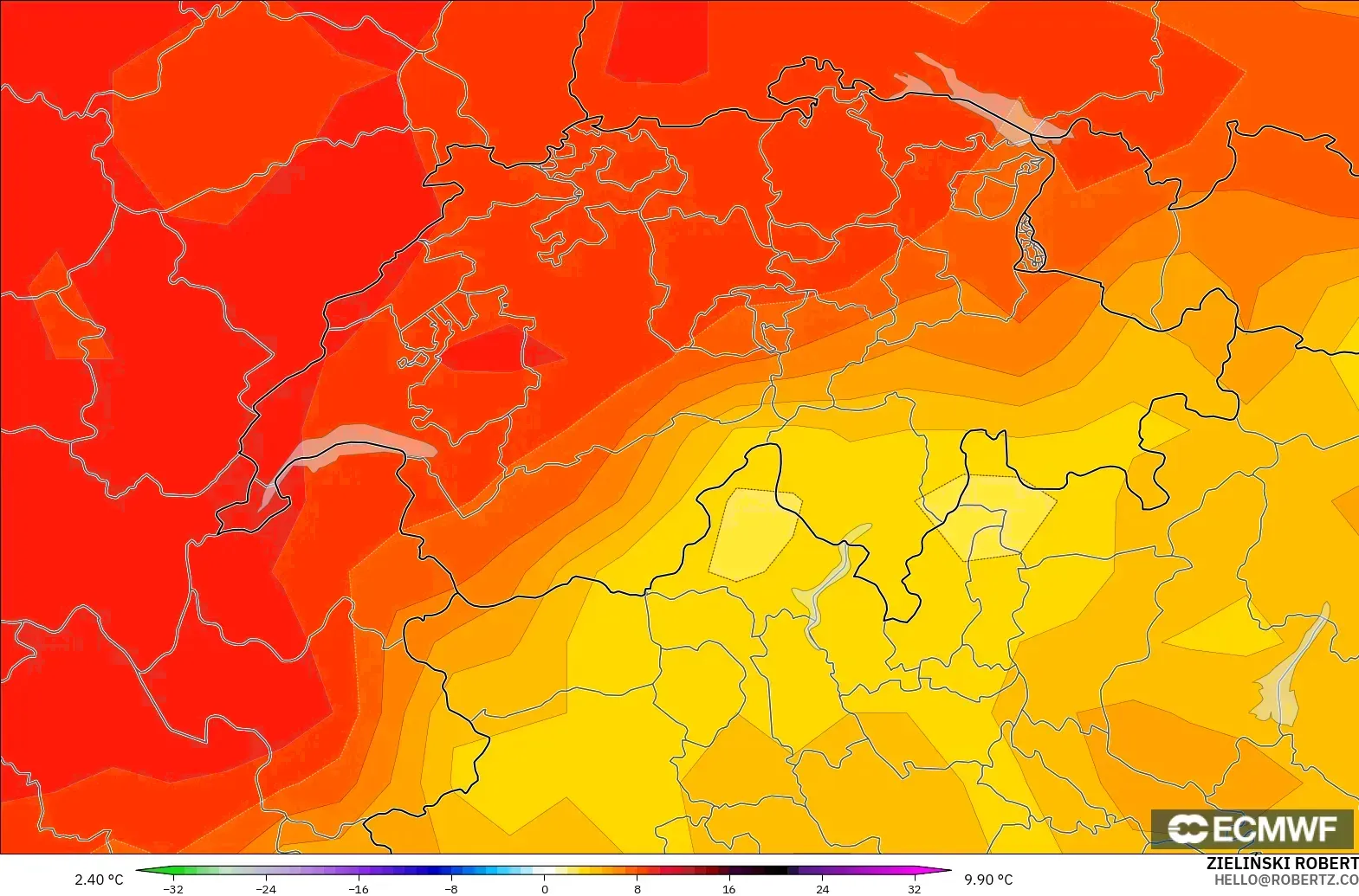 ECMWF IFS 0.25° modelo - Suiza, Anomalía de temperatura a 850 hPa