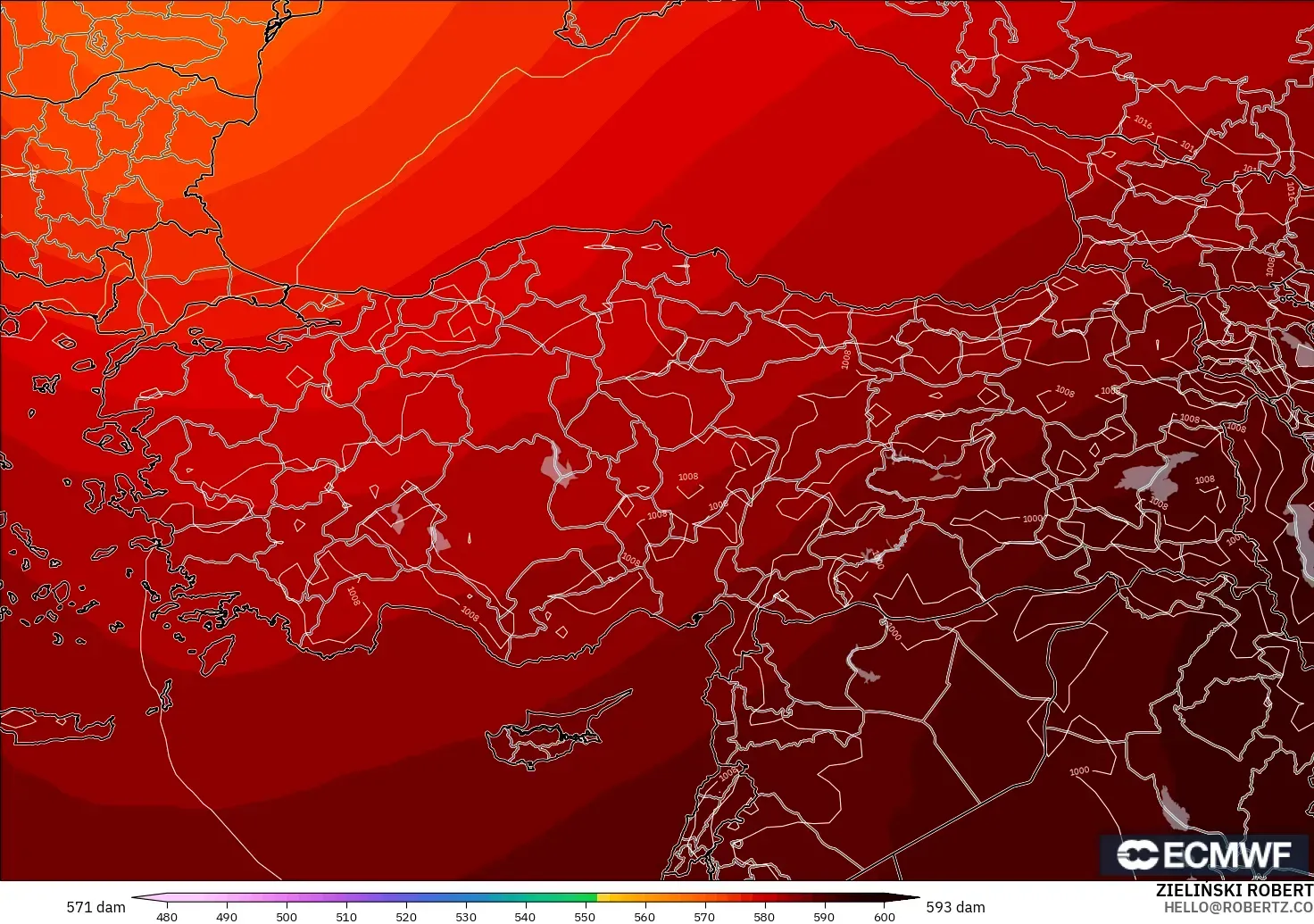 ECMWF IFS 0.25° modelo - Turquía, Altura geopotencial a 500 hPa