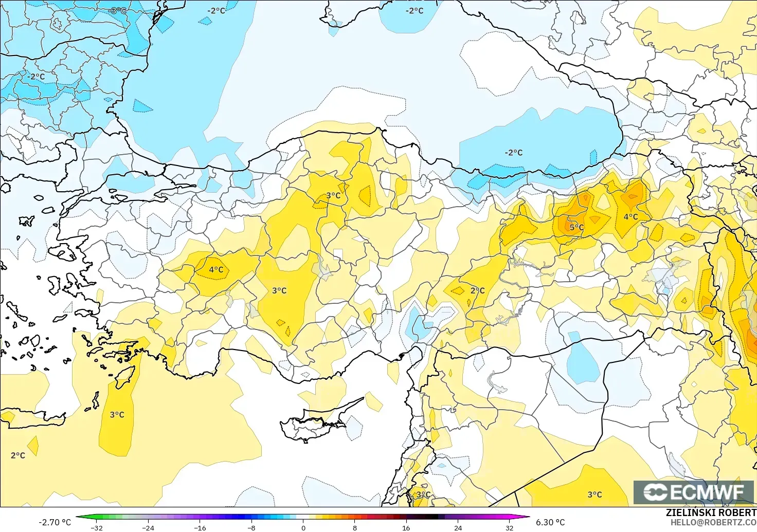ECMWF IFS 0.25° modelo - Turquía, Anomalía de temperatura a 850 hPa