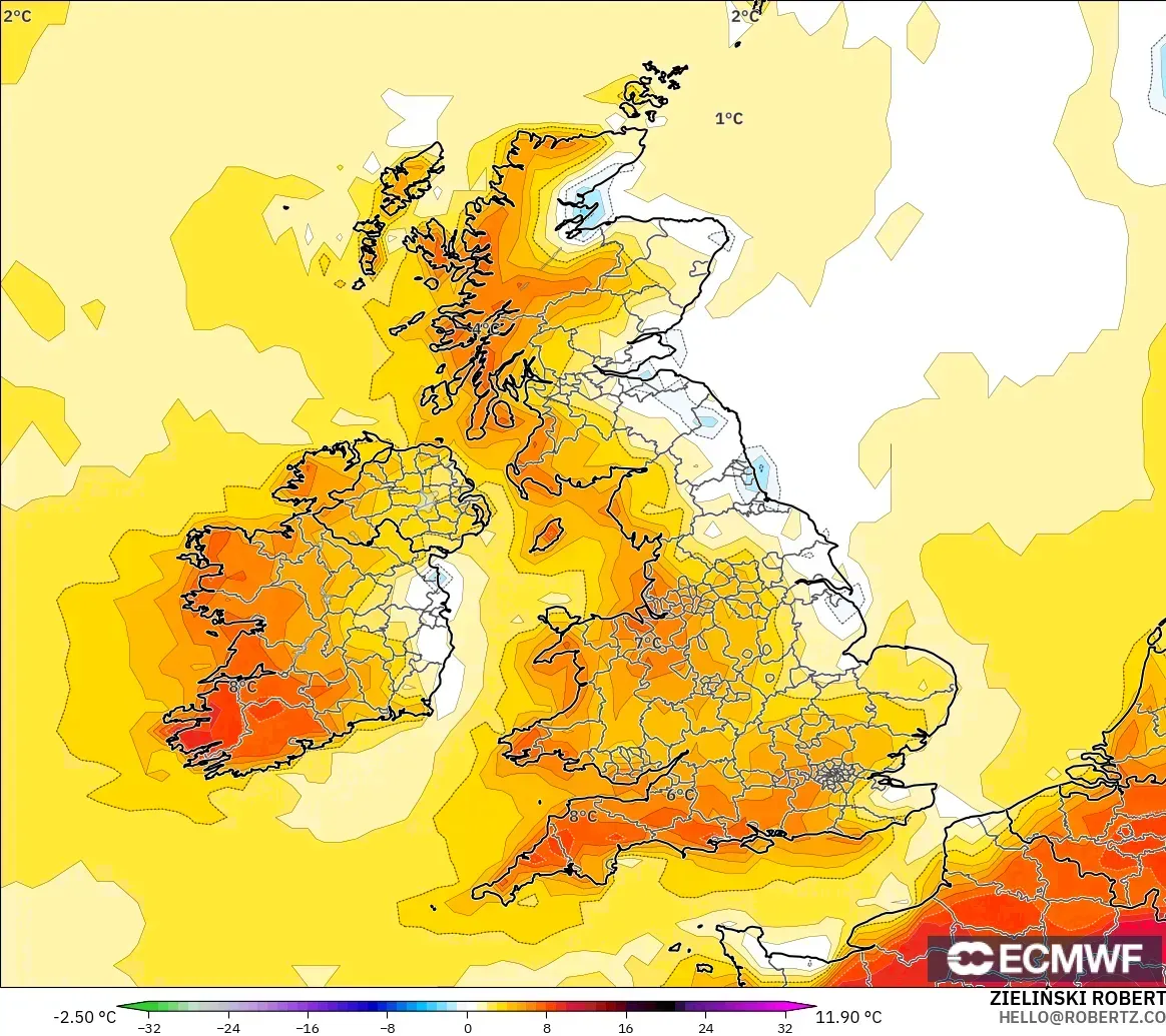 ECMWF IFS 0.25° modelo - Reino Unido, Anomalía de temperatura a 2 m