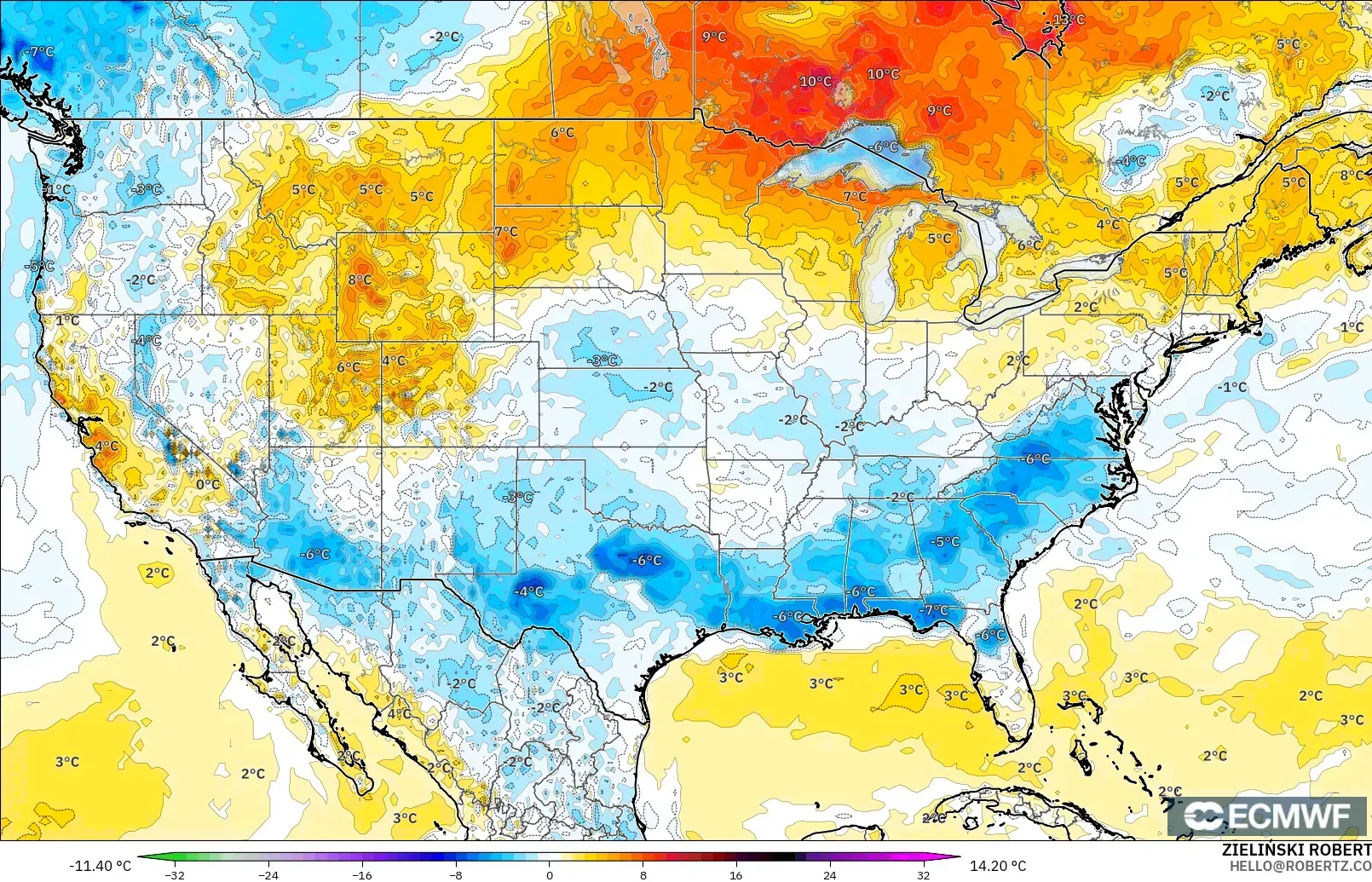 ECMWF IFS 0.25° modelo - Estados Unidos, Anomalía de temperatura a 2 m