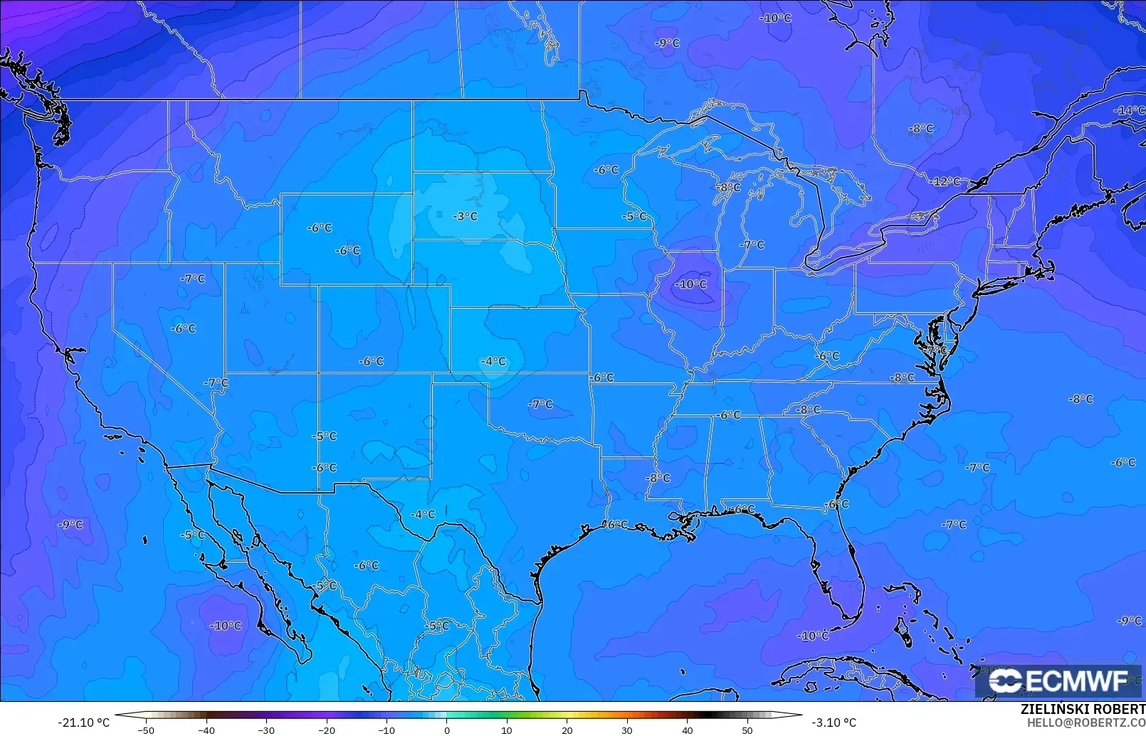 ECMWF IFS 0.25° modelo - Estados Unidos, Temperatura a 500 hPa