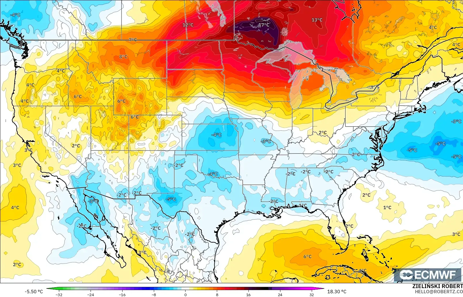 ECMWF IFS 0.25° modelo - Estados Unidos, Anomalía de temperatura a 850 hPa