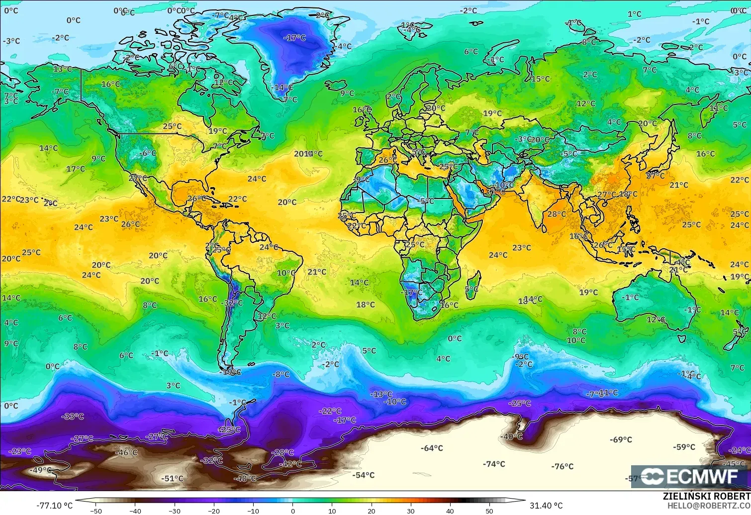 ECMWF IFS 0.25° modelo - Mundo, Punto de rocío a 2 m