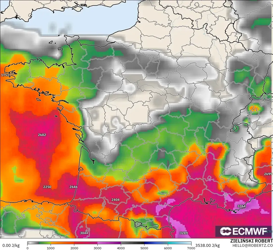 ECMWF IFS 0.25° modelo - Francia, CAPE