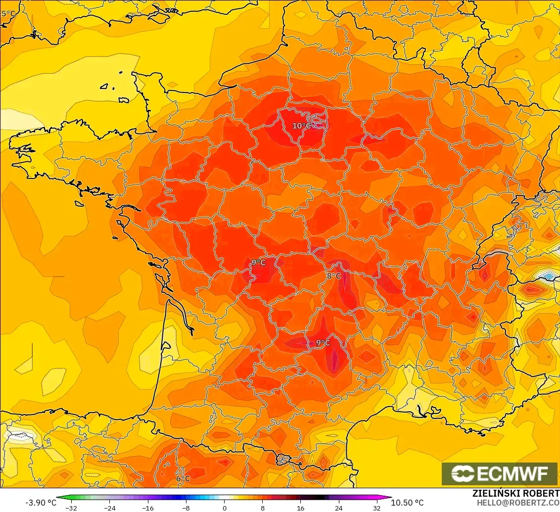 ECMWF IFS 0.25° modelo - Francia, Anomalía de temperatura a 2 m