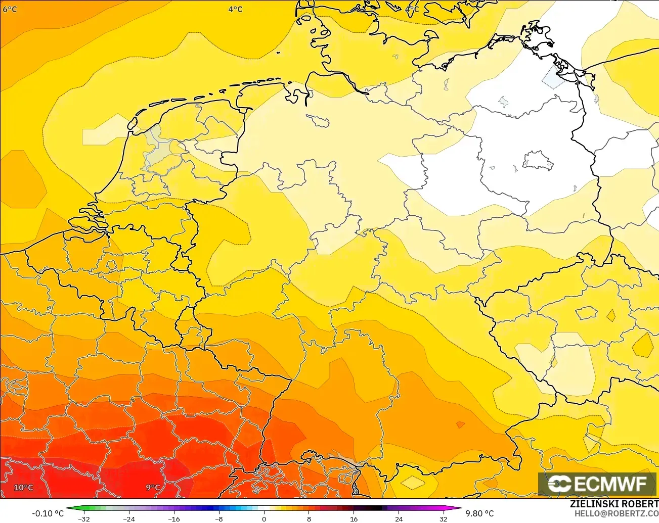 ECMWF IFS 0.25° modelo - Alemania, Anomalía de temperatura a 850 hPa
