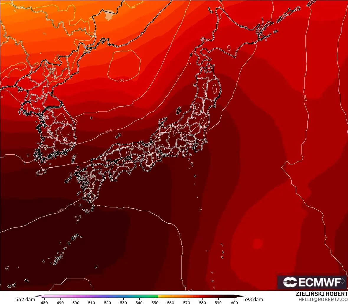 ECMWF IFS 0.25° modelo - Japón, Altura geopotencial a 500 hPa