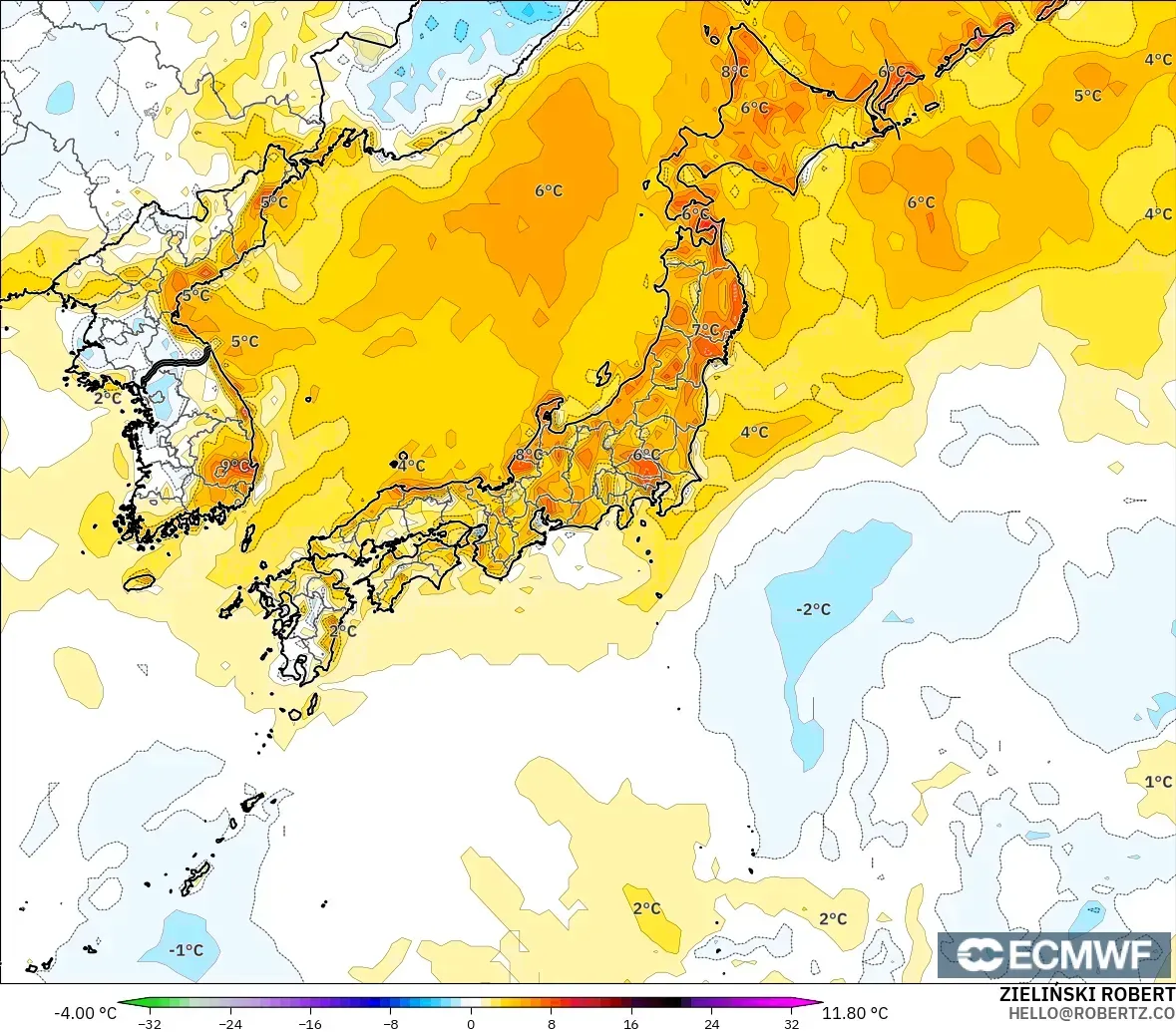 ECMWF IFS 0.25° modelo - Japón, Anomalía de temperatura a 2 m