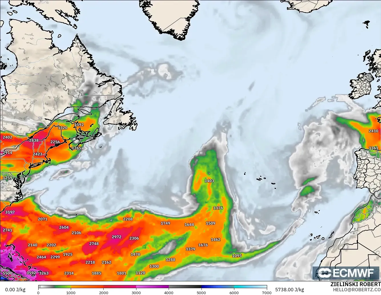 ECMWF IFS 0.25° modelo - Norte Atlántico, CAPE