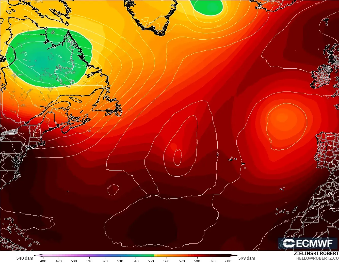 ECMWF IFS 0.25° modelo - Norte Atlántico, Altura geopotencial a 500 hPa