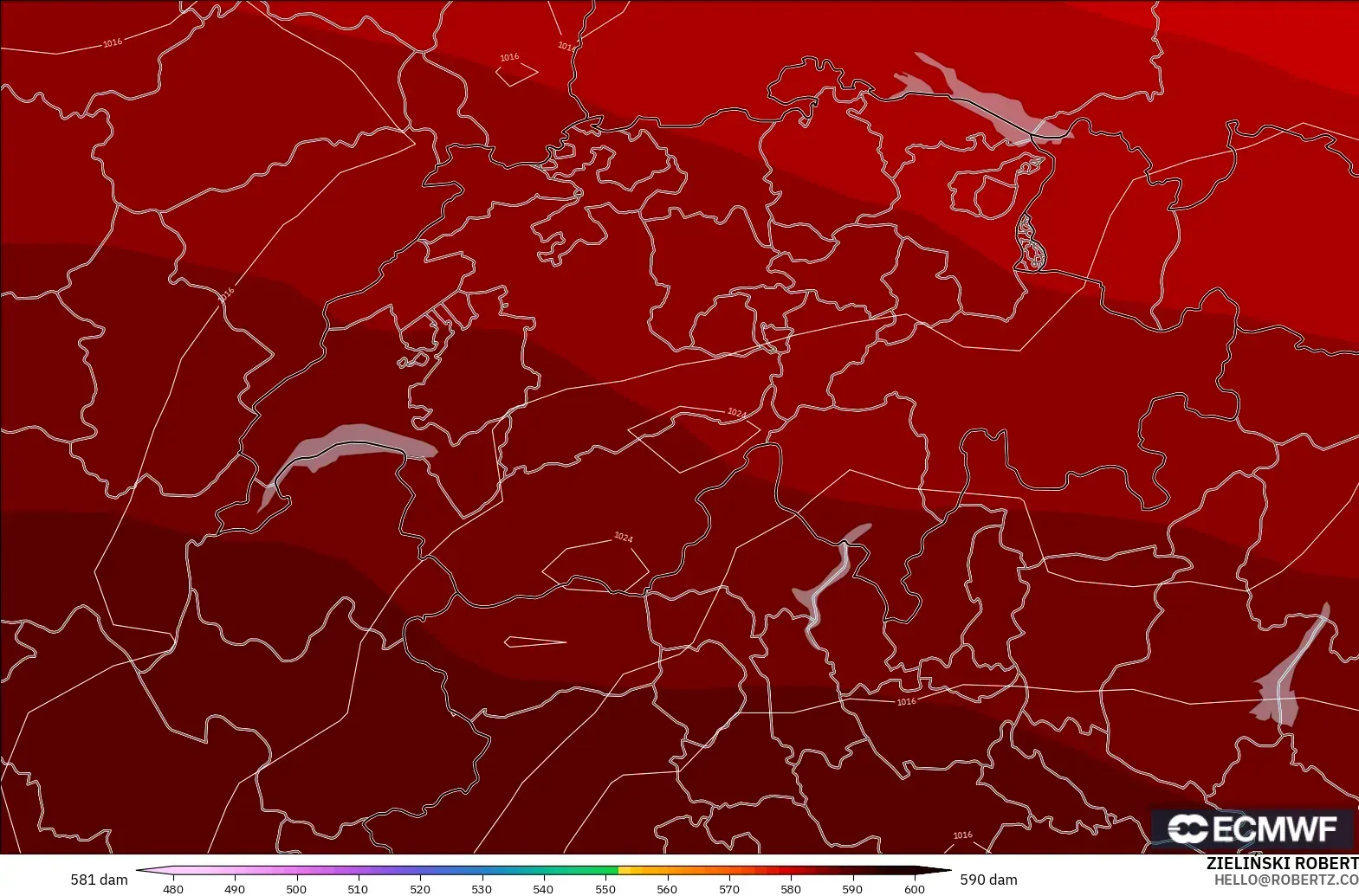 ECMWF IFS 0.25° modelo - Suiza, Altura geopotencial a 500 hPa