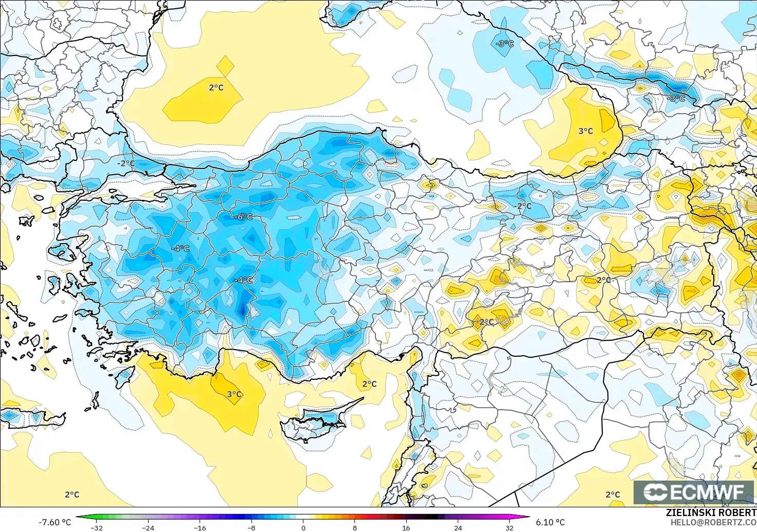 ECMWF IFS 0.25° modelo - Turquía, Anomalía de temperatura a 2 m