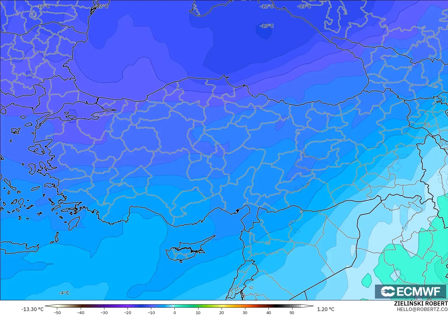 ECMWF IFS 0.25° modelo - Turquía, Temperatura a 500 hPa