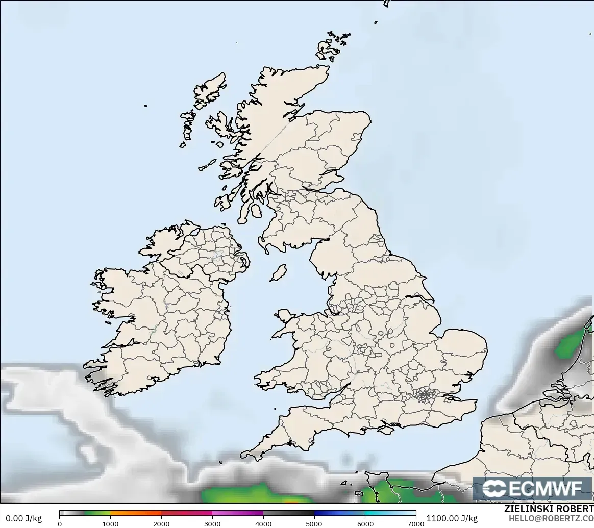 ECMWF IFS 0.25° modelo - Reino Unido, CAPE