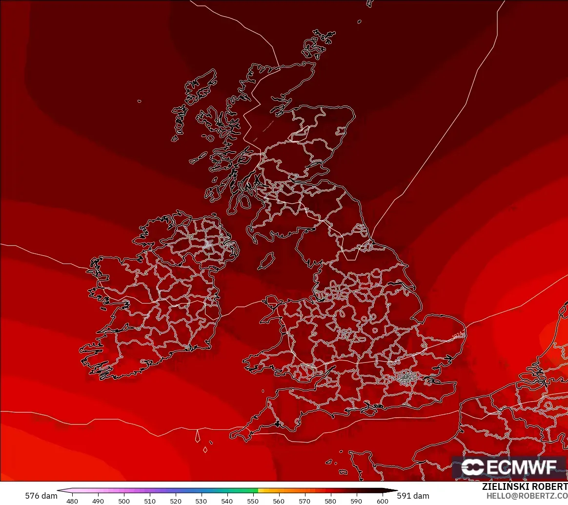 ECMWF IFS 0.25° modelo - Reino Unido, Altura geopotencial a 500 hPa