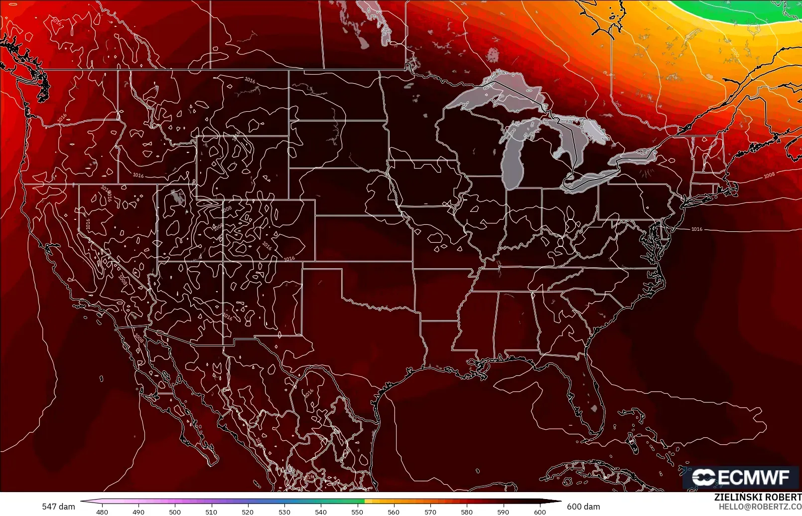 ECMWF IFS 0.25° modelo - Estados Unidos, Altura geopotencial a 500 hPa