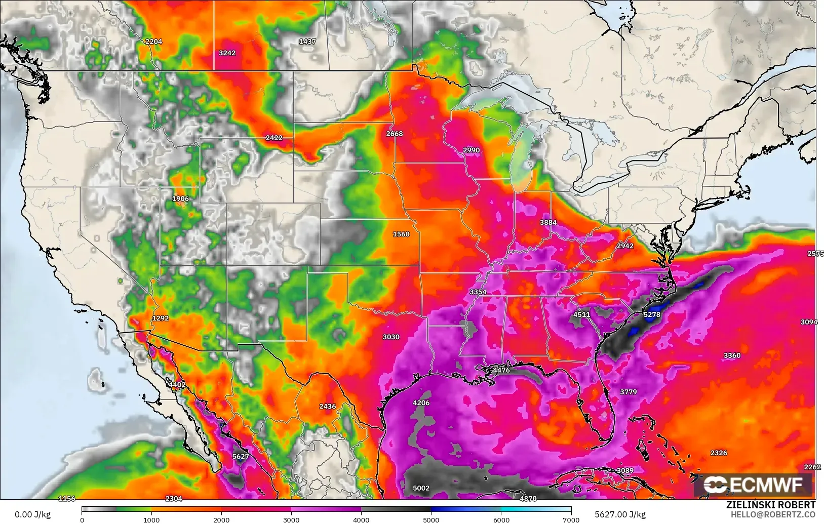 ECMWF IFS 0.25° modelo - Estados Unidos, CAPE