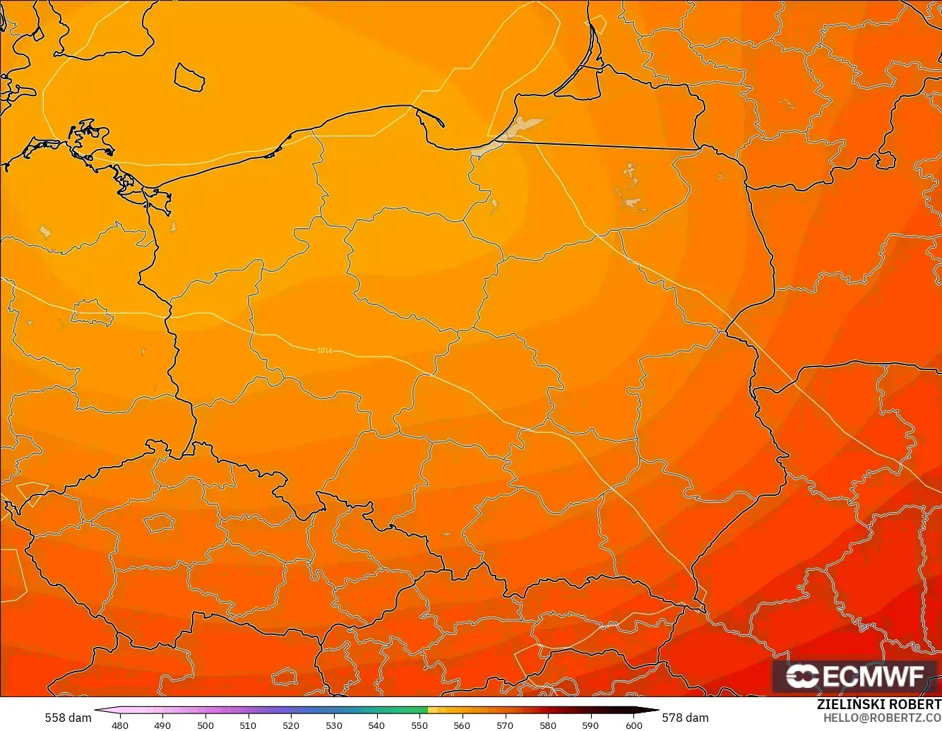ECMWF IFS 0.25° modelo - Polonia, Altura geopotencial a 500 hPa
