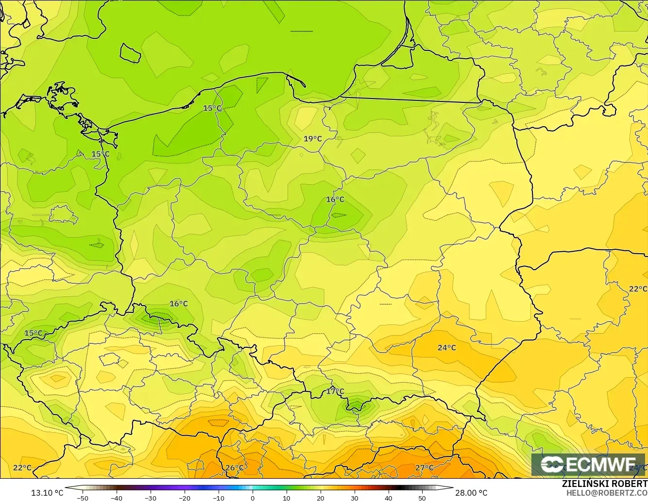 ECMWF IFS 0.25° modelo - Polonia, Temperatura a 2 m