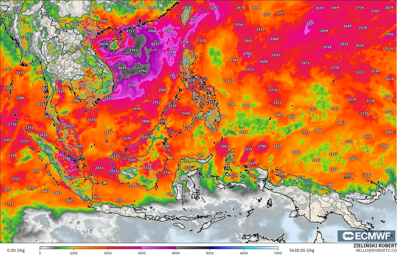 ECMWF IFS 0.25° modelo - Sudeste Asiático, CAPE