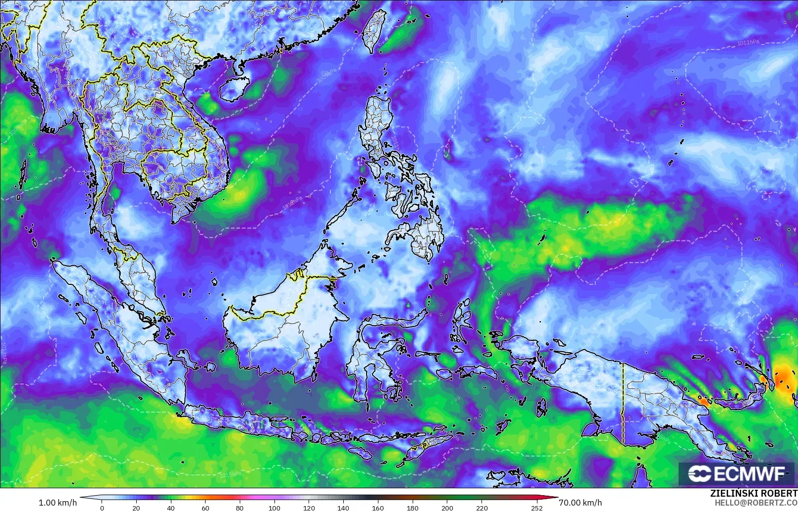 ECMWF IFS 0.25° modelo - Sudeste Asiático, Ráfagas de Viento Máximas