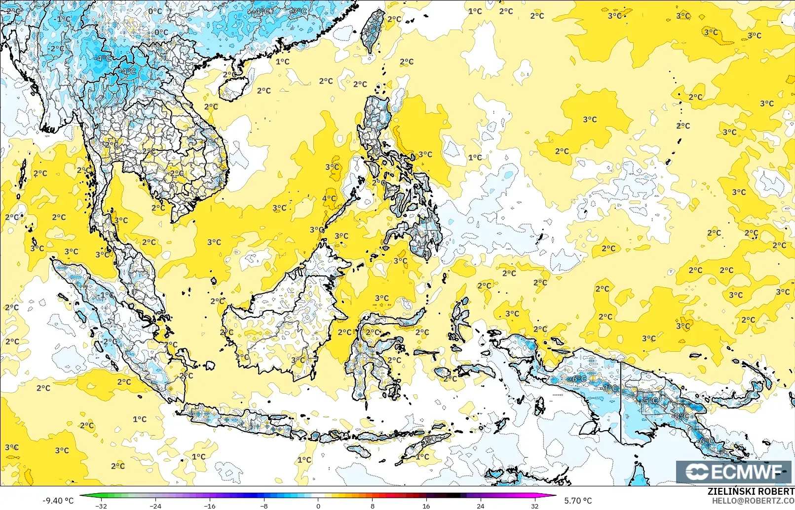 ECMWF IFS 0.25° modelo - Sudeste Asiático, Anomalía de temperatura a 2 m