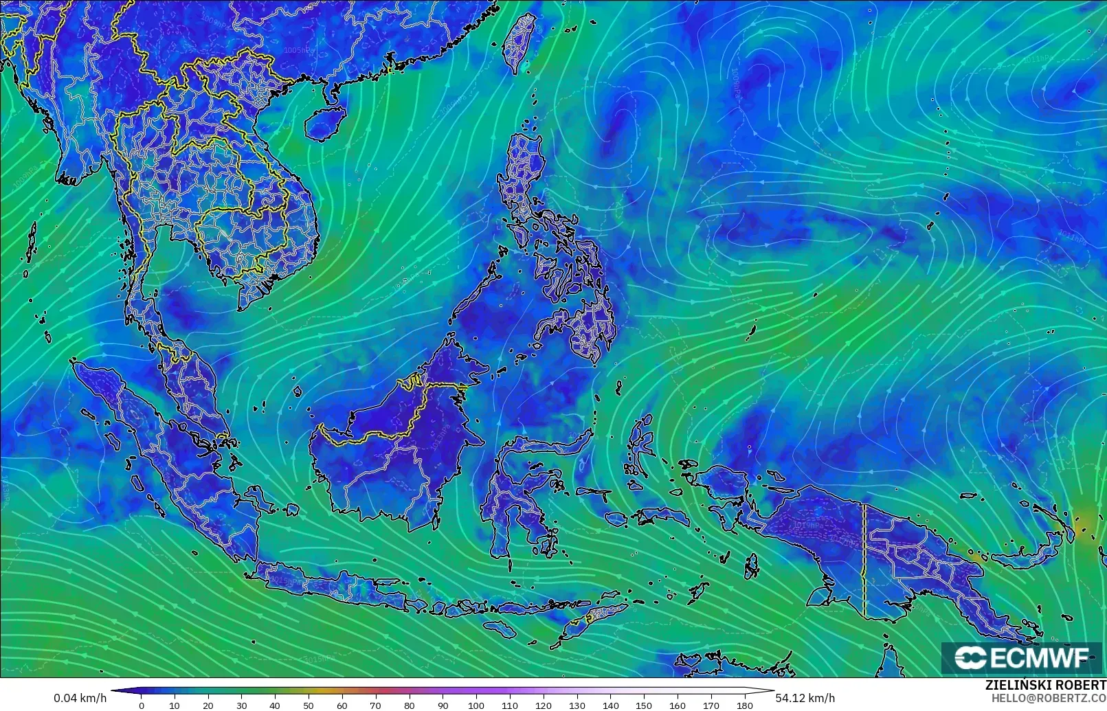 ECMWF IFS 0.25° modelo - Sudeste Asiático, Viento a 10 m