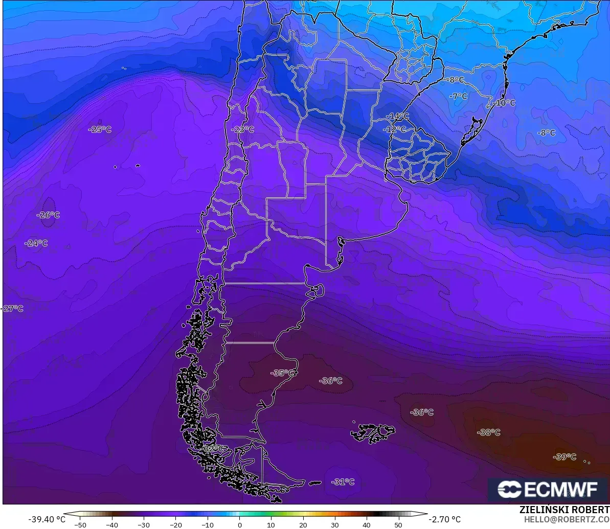 ECMWF IFS 0.25° modelo - Argentina, Temperatura a 500 hPa