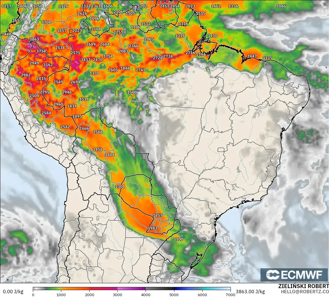 ECMWF IFS 0.25° modelo - Brasil, CAPE