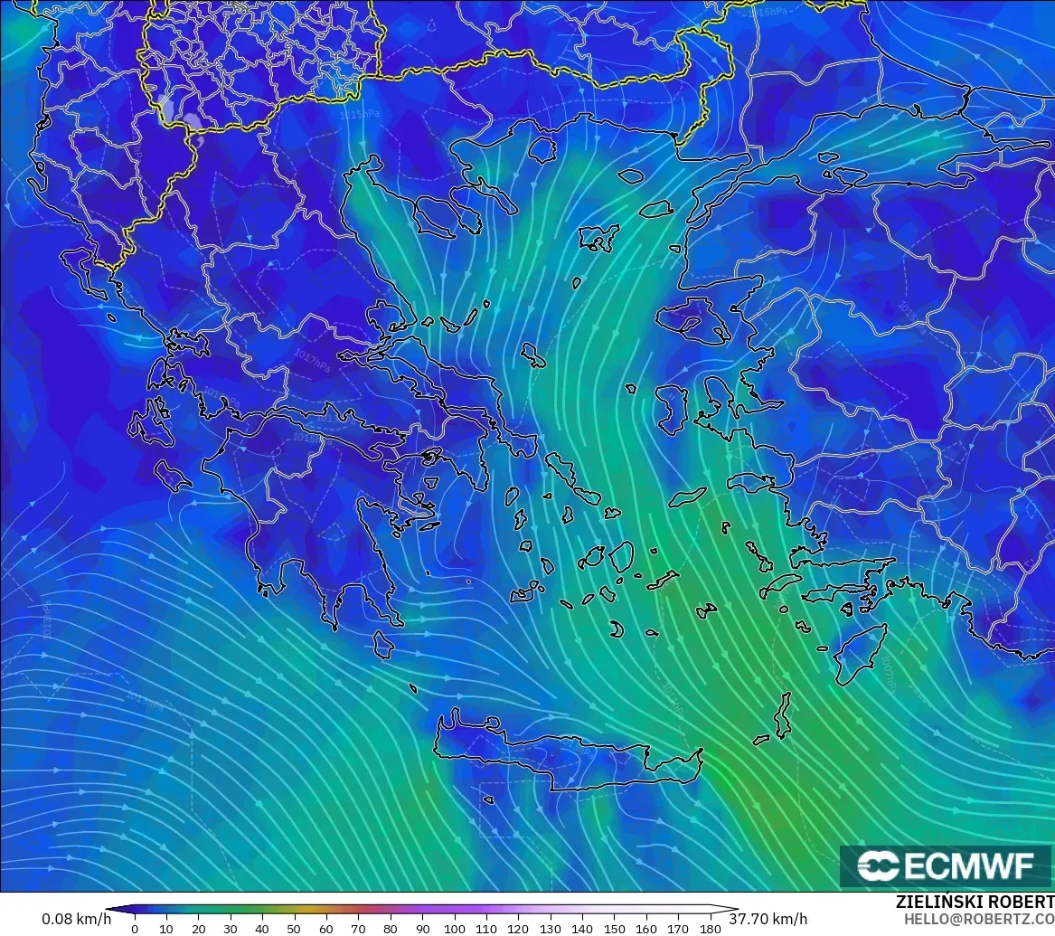 ECMWF IFS 0.25° modelo - Grecia, Viento a 10 m