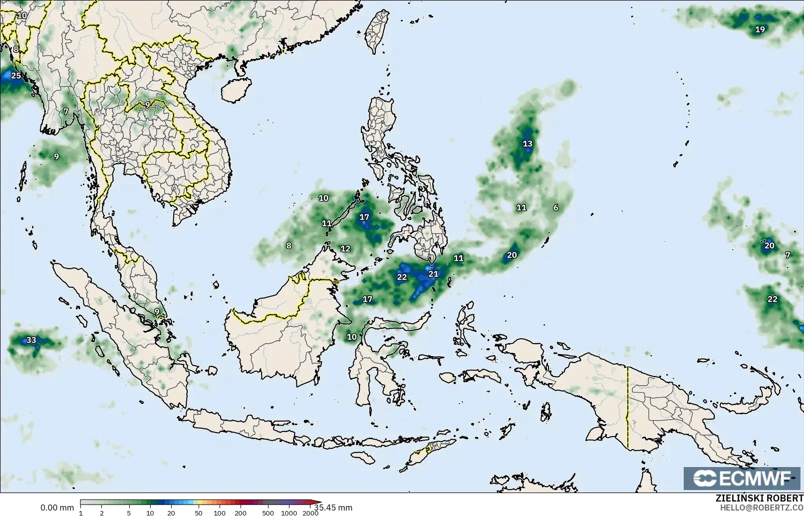 ECMWF IFS 0.25° modelo - Sudeste Asiático, Acumulación de precipitación