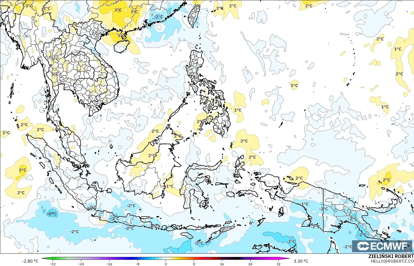 ECMWF IFS 0.25° modelo - Sudeste Asiático, Anomalía de temperatura a 850 hPa