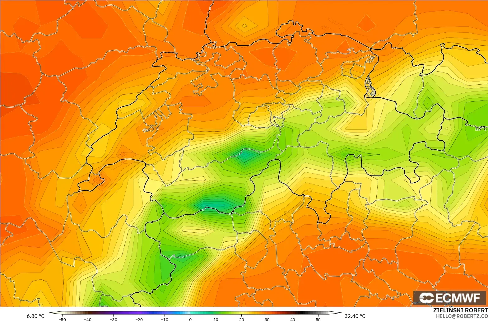 ECMWF IFS 0.25° modelo - Suiza, Temperatura a 2 m