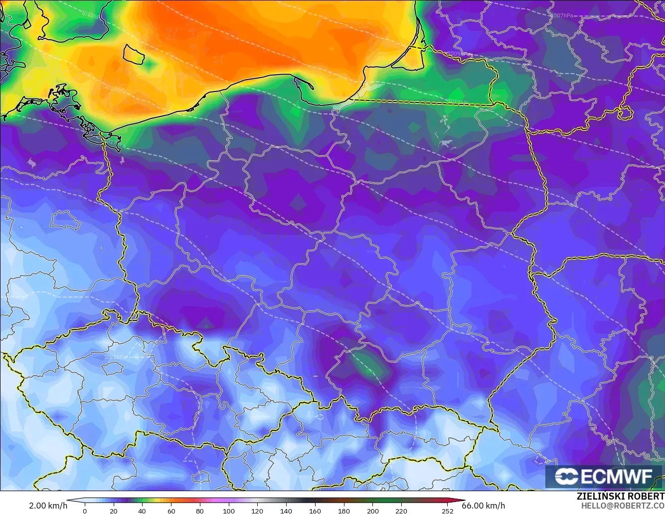 ECMWF IFS 0.25° modelo - Polonia, Ráfagas de viento