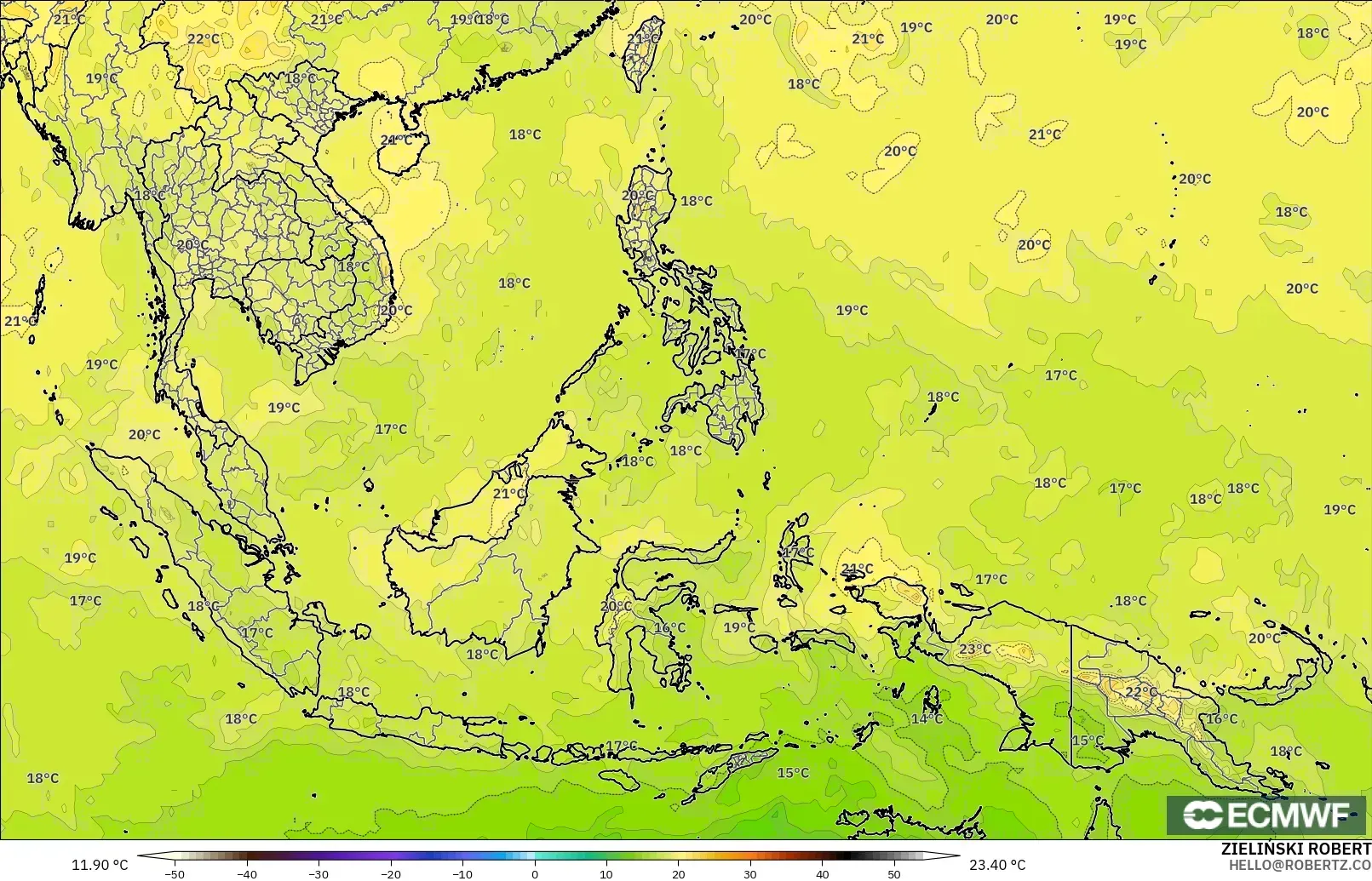 ECMWF IFS 0.25° modelo - Sudeste Asiático, Temperatura a 850 hPa