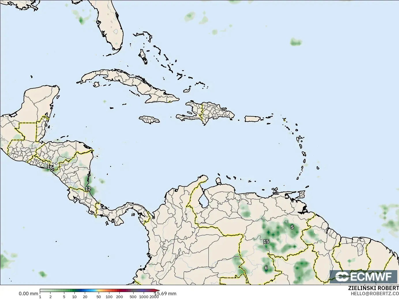 ECMWF IFS 0.25° modelo - Caribe, Acumulación de precipitación