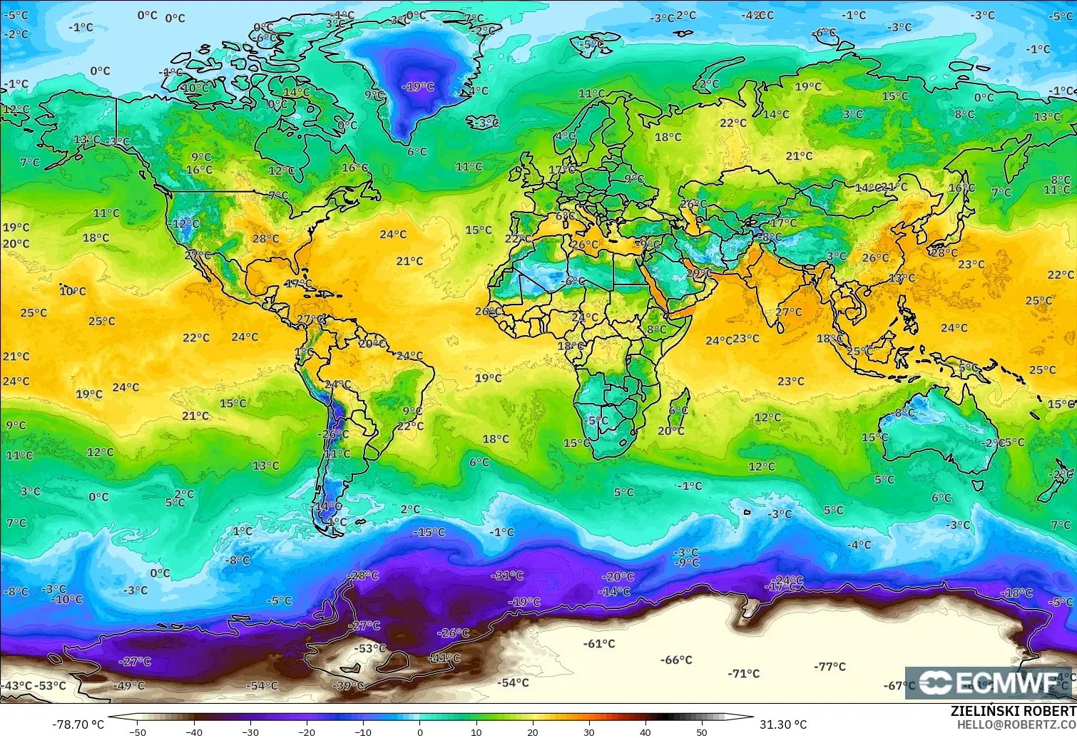 ECMWF IFS 0.25° modelo - Mundo, Punto de rocío a 2 m