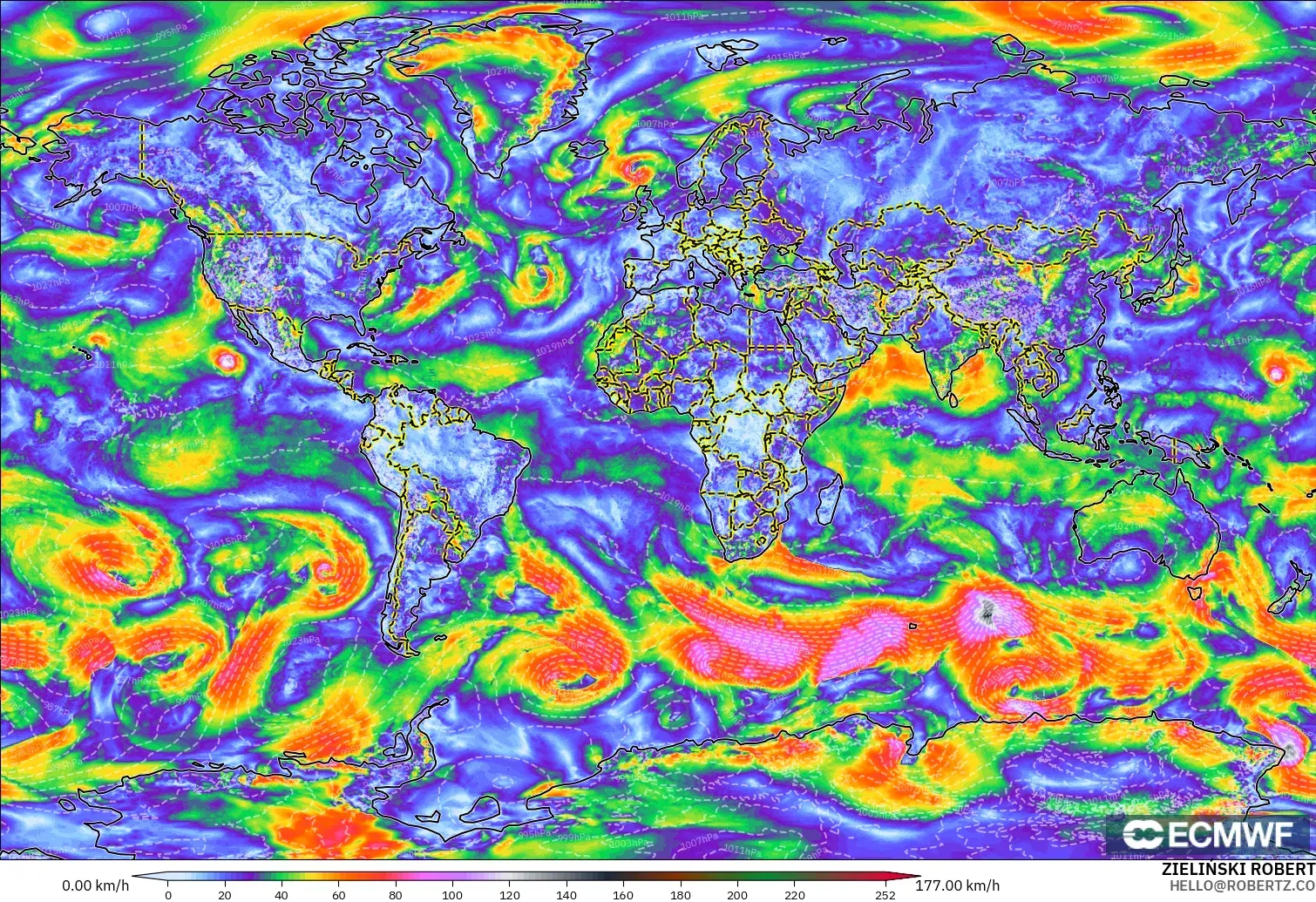 ECMWF IFS 0.25° modelo - Mundo, Ráfagas de Viento Máximas