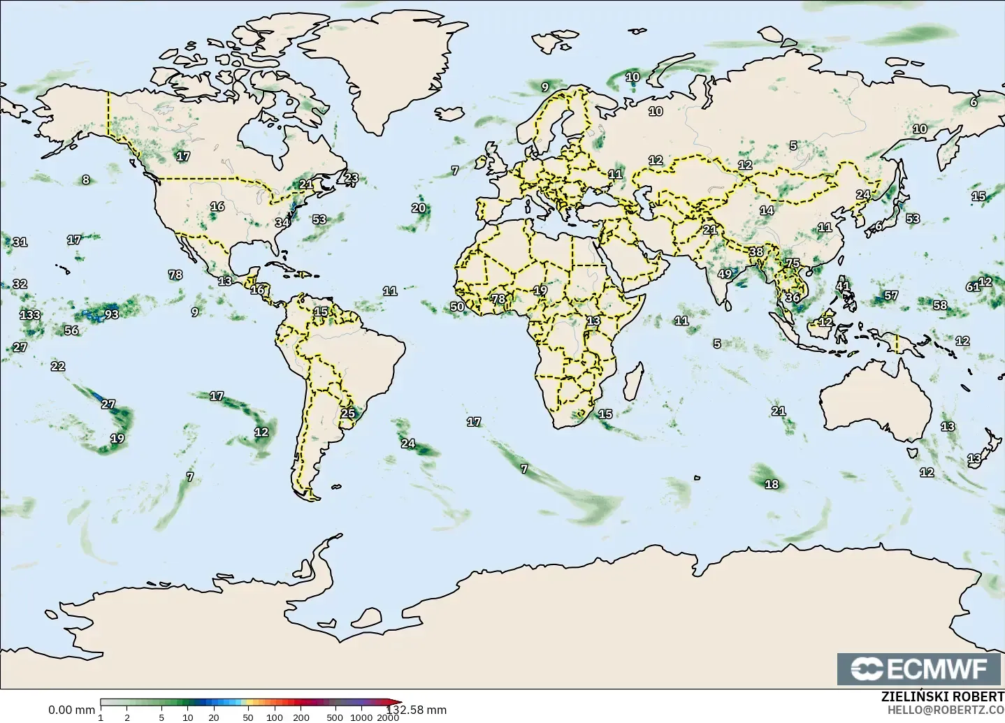 ECMWF IFS 0.25° modelo - Mundo, Acumulación de precipitación