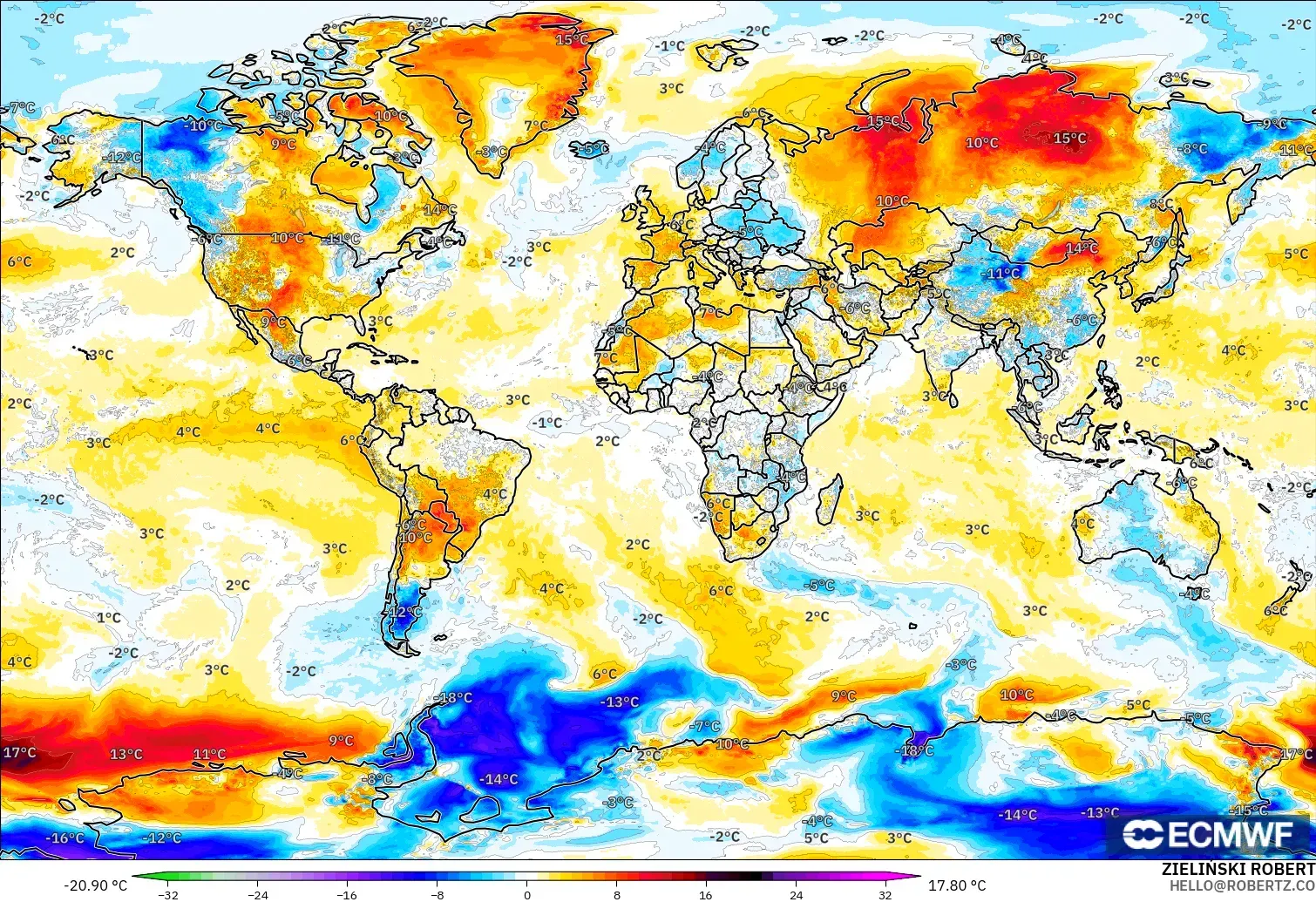 ECMWF IFS 0.25° modelo - Mundo, Anomalía de temperatura a 2 m
