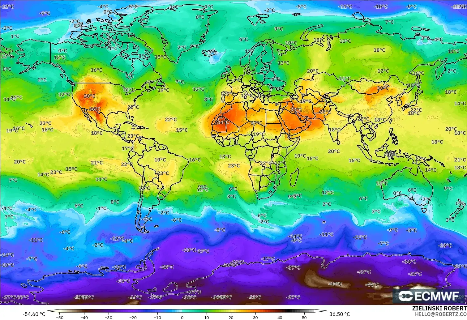 ECMWF IFS 0.25° modelo - Mundo, Temperatura a 850 hPa