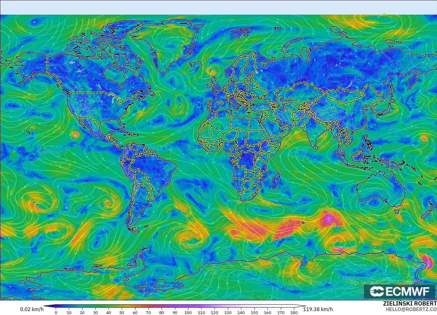ECMWF IFS 0.25° modelo - Mundo, Viento a 10 m