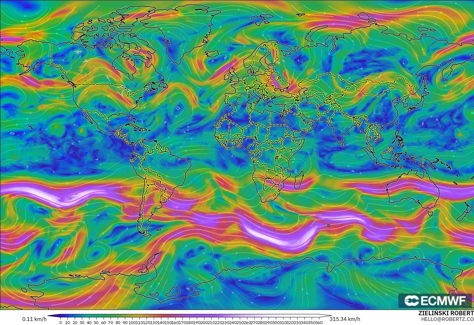 ECMWF IFS 0.25° modelo - Mundo, Viento a 300 hPa (corriente en chorro)